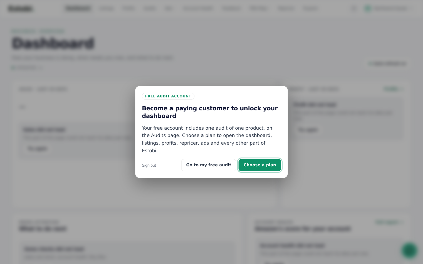 Free-audit account lock: a paid plan unlocks the dashboard; choose a plan or return to the free audit.
