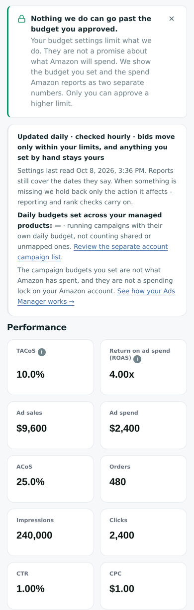 Sample Ads performance: TACoS, ROAS, ad sales and ad spend.