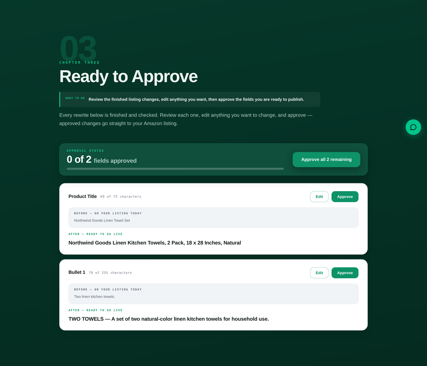 Paid listing-audit approval hub showing proposed title and bullet changes awaiting approval.