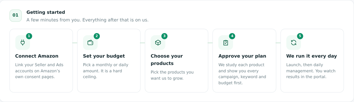 Ads getting-started guide: connection, budget ceiling, product choice and separate plan approval.